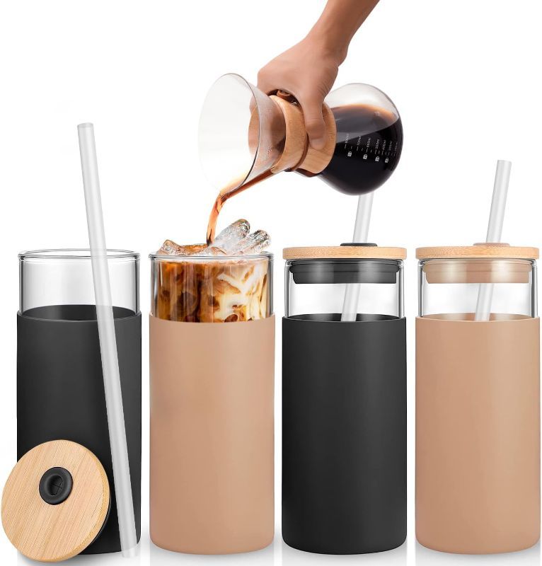 Photo 1 of HeroFiber 20 oz Glass Tumbler with Straw and Lid, Bamboo Lids Water Bottle, Iced Coffee Cup Reusable, Straw Silicone Protective Sleeve – 2 Amber & 2 Black