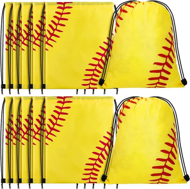 Photo 1 of 12 Pieces Small Sport Drawstring Bags Candy Bag Sport Party Drawstring Goodie Favor Bags Supplies Gifts (Softball Style,16 x 13 Inch)
