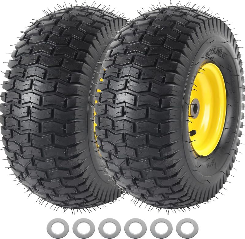 Photo 1 of AR-PRO (2 Pack) 15 x 6.00-6" Lawnmower Tire and Wheel, 4 Ply Tubeless Tires with Rim Assemblies, 3" Centered Hub and 3/4" Bearings - Compatible with John Deere Riding Mower, Lawn Tractor (Yellow)

