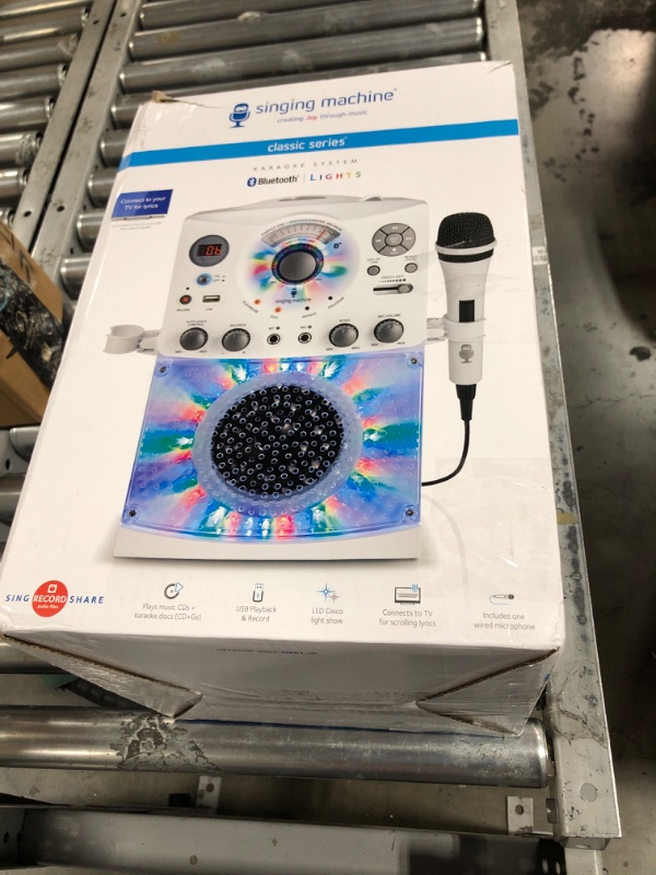 Photo 1 of Singing Machine Portable Karaoke Machine for Adults & Kids with Wired Microphone, White - Built-In Speaker, Bluetooth with LED Disco Lights - Karaoke System with CD+G Player & USB Connectivity