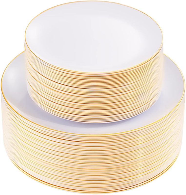 Photo 1 of KIRE 100PCS Gold Plastic Plates - White Disposable Plates with Gold Rim for Party/Wedding - Include 50Pieces 10.25inch Gold Dinner Plates and 50Pieces 7.5inch Gold Dessert/Salad Plates
