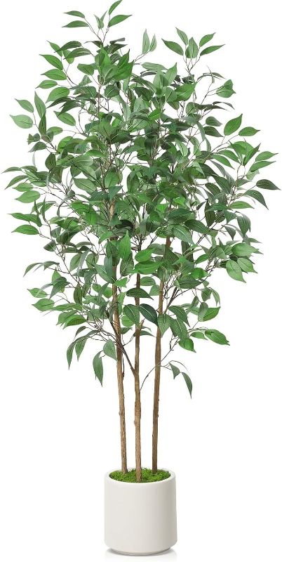 Photo 2 of 5ft Artificial Ficus Tree with Natural Wood Trunk, Silk Fake Ficus Tree in Plastic Nursery Pot, Faux Plant for Office Home, Indoor Outdoor Decor, 1 Pack 5ft-1 pack