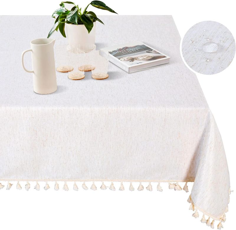 Photo 1 of  HOME Table Cloth 60x84 in Rectangle Table, Heavy Duty Cotton Tassel Linen Look Waterproof Tablecloths Farmhouse Tablecloth, Wrinkle Free Table Cover with Beige Tassels for Kitchen Dining, Party