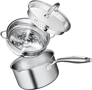 Photo 1 of 1.5 Quart Stainless Steel Saucepan with Steamer Basket, Tri-ply Construction, Multipurpose Sauce Pan with Double-sized Drainage Lid - Perfect for Cooking Gravies, Pasta, Vegetable and More