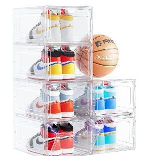 Photo 1 of Delamu Large Sturdy Shoe Organizer, 6 Pack Plastic Shoe Storage Boxes with Magnetic Door, Clear Shoe Boxes Stackable for Closet, Shoe Containers for Sneaker Storage, Display Shoe Case for US Size 12
