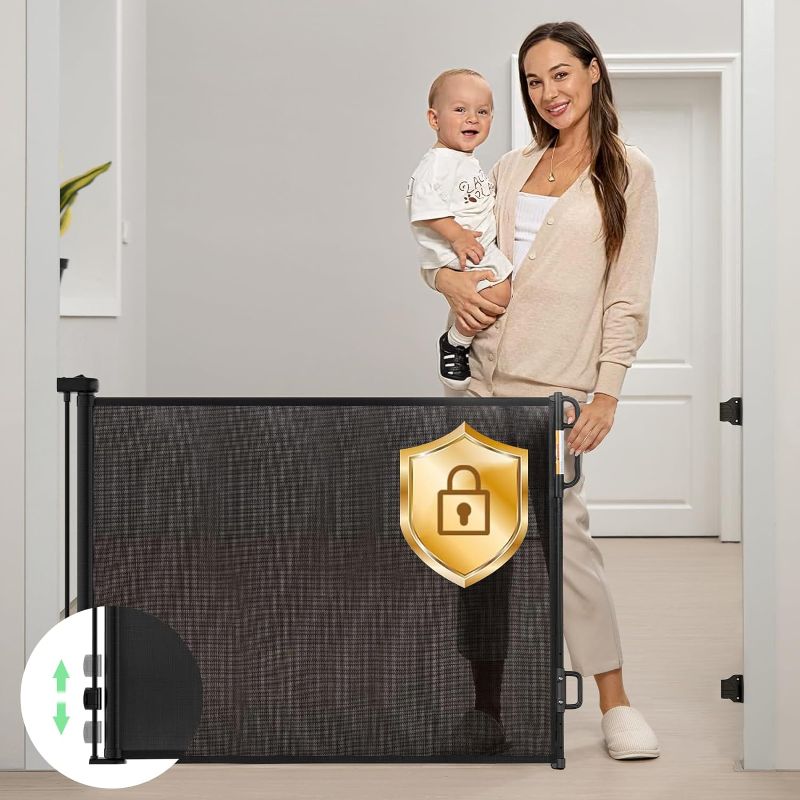Photo 1 of Momcozy Retractable Mesh Baby Gate or Dog Gate, Child Safety Gate for Indoor or Outdoor, 33-inches Tall with up to 55-inches Wide Extension, Avoid Skirting Installation, Black
