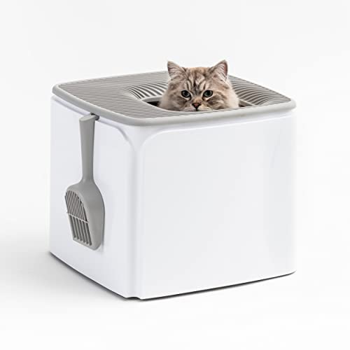 Photo 1 of IRIS USA Premium Top Entry Cat Litter Box Litter Particle Catching Cover and Privacy Walls with Scoop White
