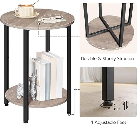 Photo 1 of HOOBRO Round Side Table, Sofa Couch Table with Storage Shelf, 2-Tier Industrial End Table, Stable Metal Frame, Wooden Look Accent Table for Small Spaces, Living Room, Bedroom, Greige BG58BZ01G1