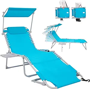 Photo 1 of #WEJOY Tanning Chair with Face Hole Folding Patio Chaise Lounge Chair with Adjustable Backrest,Canopy Shade,Side Table,Pocket for Reading Beach Poolside Patio Sunbathing Lawn Camping
