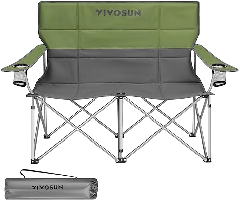 Photo 1 of VIVOSUN Double Camping Chair, Fully Padded Folding Loveseat, Portable Oversized Duo Chair with Storage Cup Holders, Height-Adjustable Armrests & Carry Bag, Supports up to 500lbs, Green & Grey
