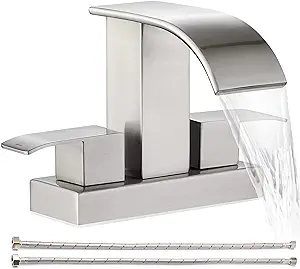 Photo 1 of Waterfall Bathroom Sink Faucet - 2 Handle 4 Inch Centerset Faucet for Lavatory Bathroom Sink, with Faucet Supply Line Hoses for Bathroom Restroom Vanity Lavatory, Brushed Nickel