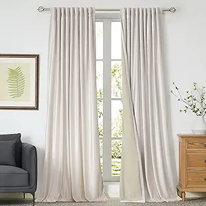 Photo 1 of 100% Blackout Ivory Off White Velvet Curtains 108 inch Long for Living Room,Set of 2 Panels Liner Rod Pocket Back Tab Thermal Window Drapes Room Darkening Heavy Decorative Curtains for Bedroom
