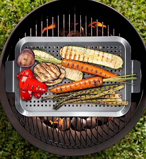 Photo 1 of Grill Pan Set of 2, BBQ Grill Topper for Outdoor Grill, Stainless Steel Grilling Baskets with Holes and Handles, Perforated Food Tray Barbecue Accessories for Vegetable, Fish, Meat, Seafood