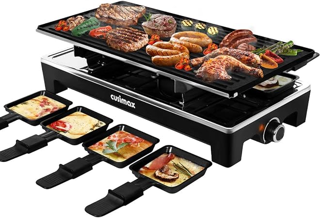Photo 1 of CUSIMAX Raclette Grill Electric Grill Table Portable 2 in 1 Korean BBQ Grill Indoor & Cheese Raclette, Reversible Non-stick plate, Crepe Maker with Adjustable temperature control and 8 Paddles
