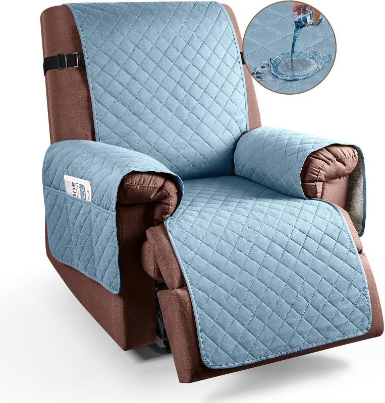 Photo 1 of KinCam 100% Waterproof Recliner Chair Cover, Reclining Couch Covers for Pets, Dogs, Recliner Couch Slipcover Furniture Protector with Elastic Straps for Kids(23.6", Light Blue)
