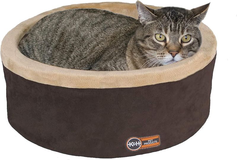 Photo 1 of K&H Pet Products Thermo-Kitty Bed Heated Cat Bed for Indoor Cats , Electric Warming Bed for Cats and Small Dogs, Washable Thermal Plush Calming Round Pet Bed - Large 20" Mocha/Tan

