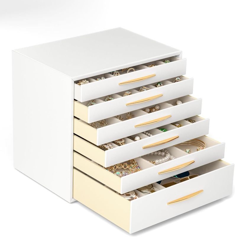 Photo 1 of SRIWATANA Jewelry Box, 6-Layer Jewelry Organizer, 6 Jewelry Storage Drawers for Earrings, Rings, Necklaces, Bracelets, Modern Style, Gift Idea, White and Gold
