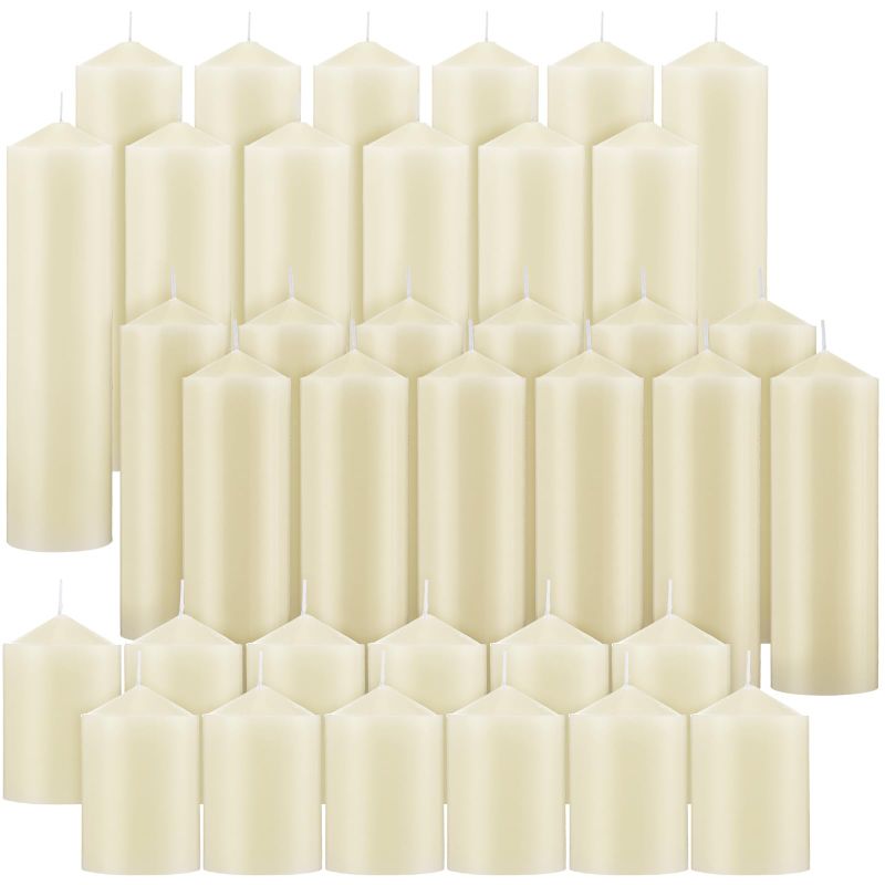 Photo 1 of MTLEE 36 Pcs Set of 3 Pillar Candles Bulk Long Burning Wax Pillar Candles 2 in x 3, 6, 8 Inch Dripless Unscented Smokeless Candles for Wedding Christmas Party Spa Lantern Fireplace Home(Ivory White)