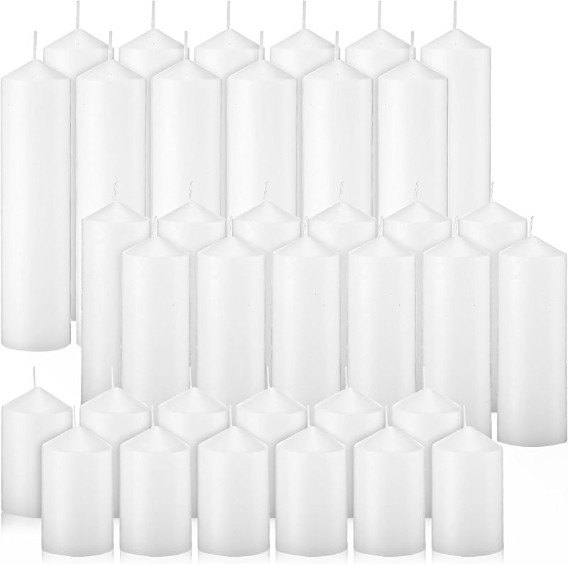 Photo 1 of MTLEE 36 Pcs Pillar Candles Bulk Set of 3 Long Burning Wax Pillar Candles 2 in x 3, 6, 8 Inch Dripless Unscented Smokeless Candles for Wedding Party Spa Lantern Fireplace Home(White)
