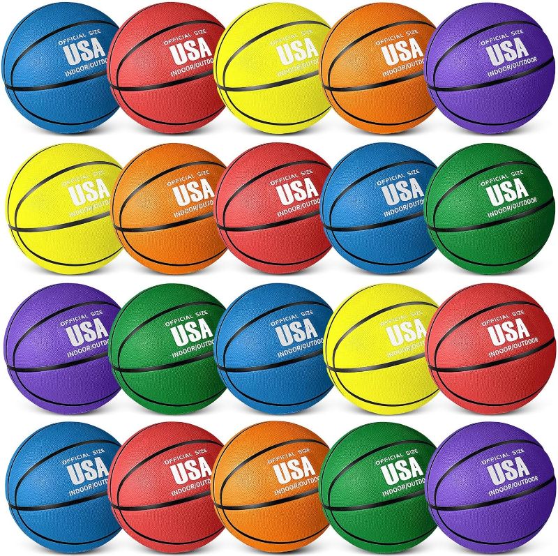 Photo 1 of 24 Pcs Rubber Basketballs Official Size Bulk Basketball Balls Multicolor Basket Balls with Pump Youth Basketball for Adult Boys Girls Gifts Indoor Outdoor Training Practice Games Match
