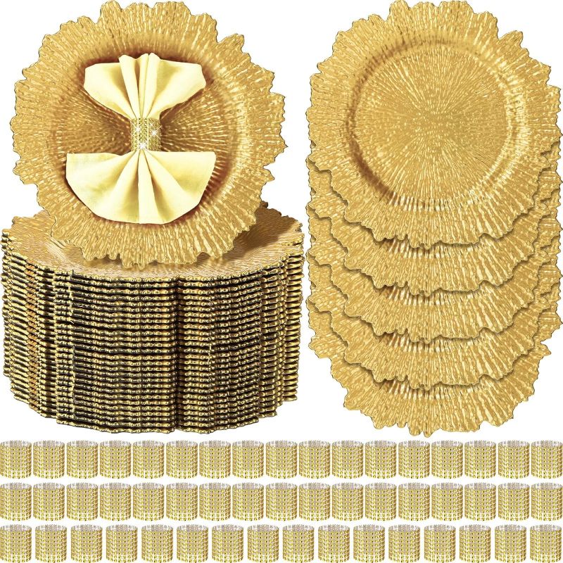 Photo 1 of Dandat 50 Pcs Gold Charger Plates with Napkin Rings Bulk 50 Pcs 13 Inch Reef Charger Plate 50 Pcs Napkin Rings Plastic Round Floral Dinner Plates Elegant Wedding Party Supplies Birthday Table Setting 