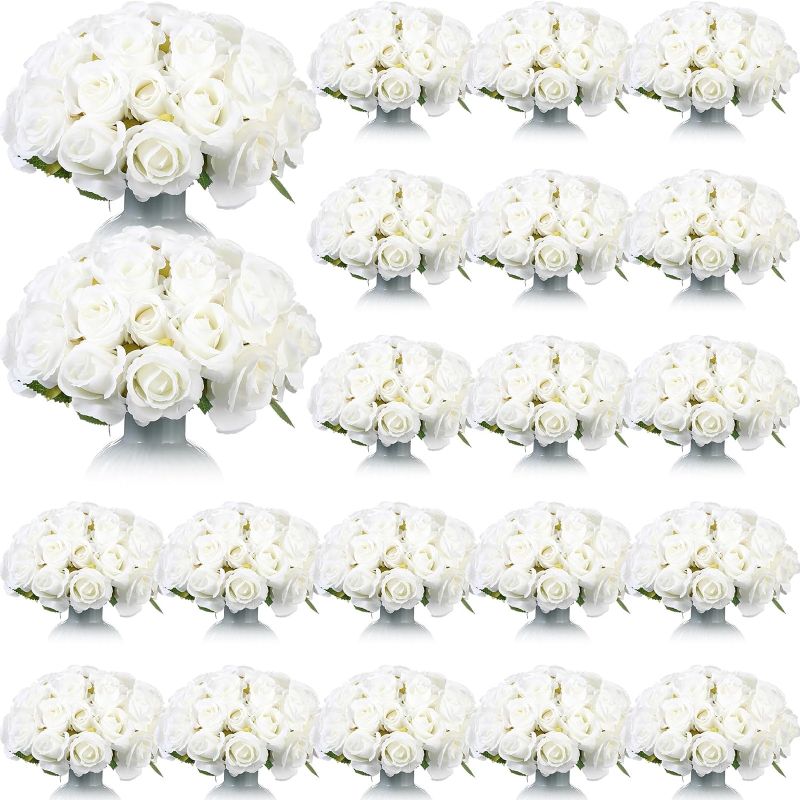 Photo 1 of Jexine 360 Pcs 30 Bouquets Artificial Roses Flowers Bulk Fake Roses Flower Bouquets Realistic Silk Faux Rose with Stems for Wedding Home Table Party Decorations(White)