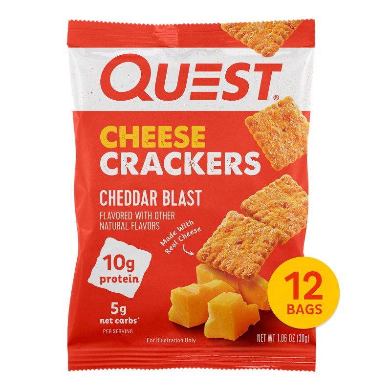 Photo 1 of Quest Nutrition Cheese Crackers, Cheddar Blast, High Protein, Low Carb, Made with Real Cheese, 12 Count (1.06 oz bags)