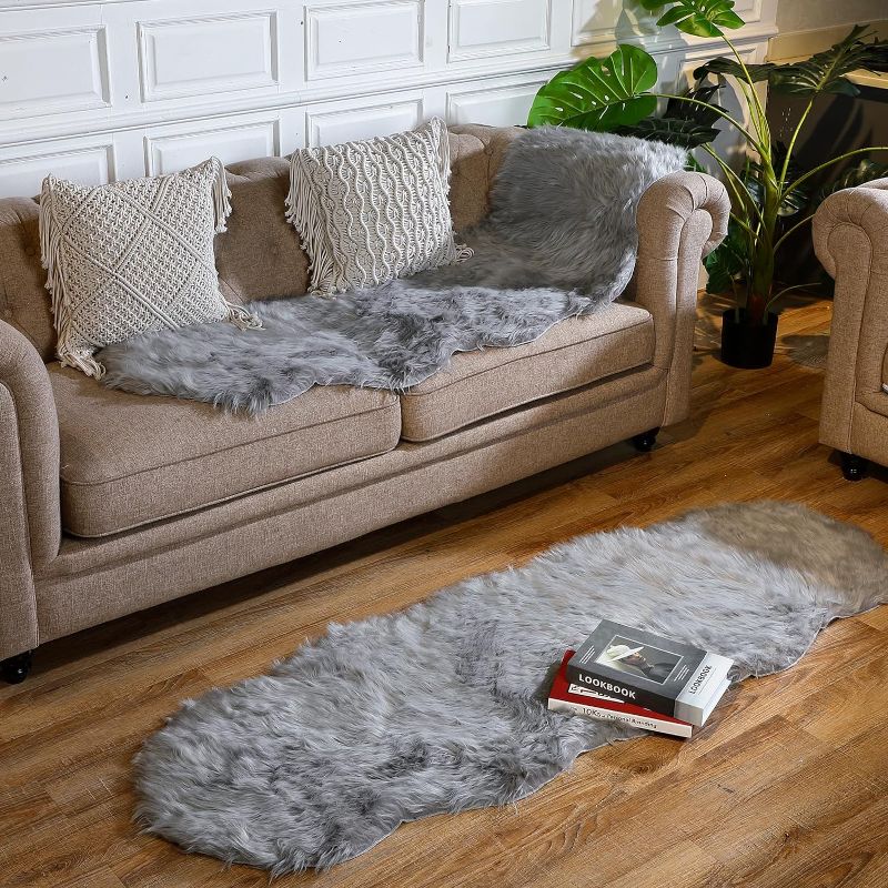 Photo 2 of 2 Pcs Faux Fur Rug Area Rugs for Christmas Decor 2 x 6 ft Soft Area Rugs Sheepskin Fur Rug Carpet Fur Fluffy Plush for Living Room Bedroom Kids Room Chair Seat Cover (Gray)
