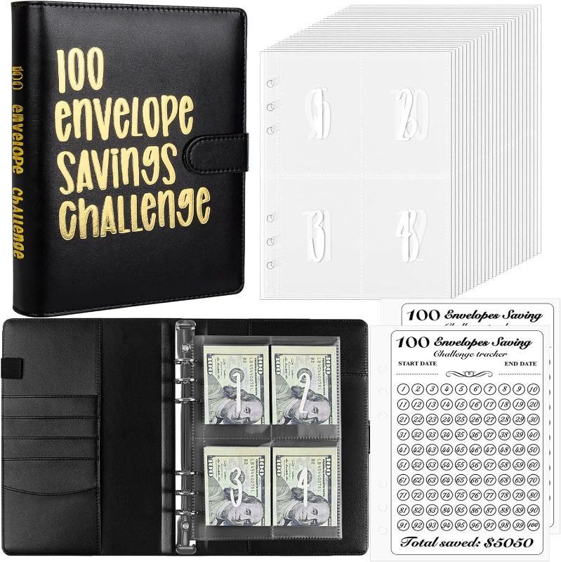 Photo 1 of 100 Envelopes Money Saving Challenge Binder, Easy and Fun Way to Save $5,050, A5 Budget Book with Cash Envelopes Kit,Black,Gold
