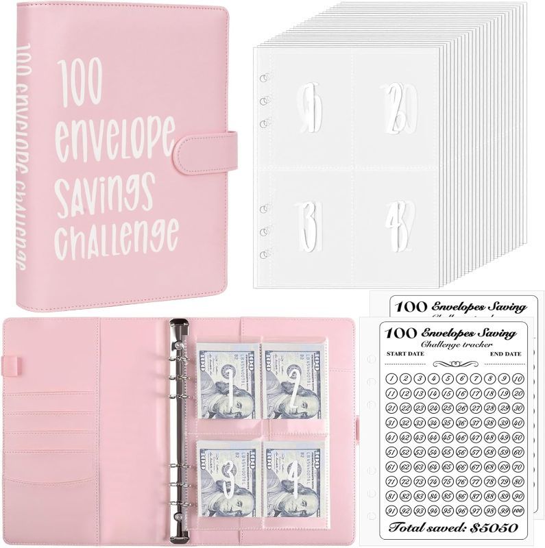 Photo 1 of 100 Envelopes Money Saving Challenge Binder, Easy and Fun Way to Save $5,050, A5 Budget Book with Cash Envelopes Kit,Pink

