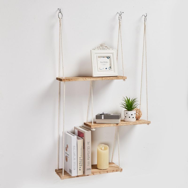 Photo 1 of LUNKOEN Lunkeon 3 Tier Macrame Wall Hanging Shelves Boho Room Decor Handmade Cotton Rope,Wooden Hanging Storage Floating Shelves for Small Plants Books Decor,Living Bedroom Room Bedroom 