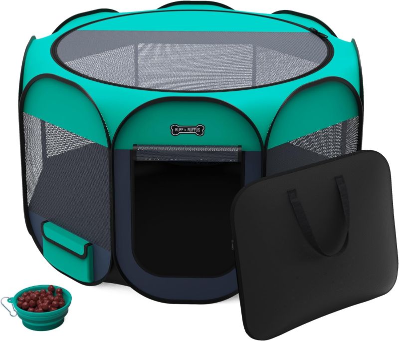 Photo 1 of Ruff 'N Ruffus Portable Foldable Pet Playpen + Carrying Case & Collapsible Travel Bowl | Indoor/Outdoor use | Water Resistant | Removable Shade Cover (Extra Large) 