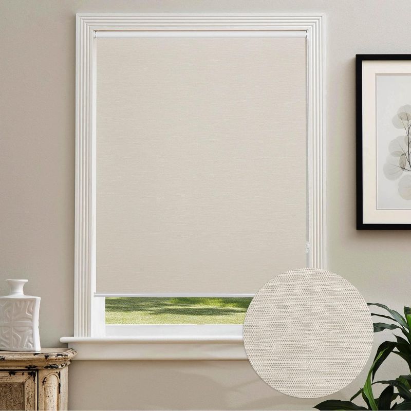 Photo 1 of CUCRAF Roller Window Shades 100% Black Out Shades Striped Jacquard Room Darkening Decor UV Protection for Indoor Bedroom Study Kitchen, Light Beige, 35" W x 75" H 