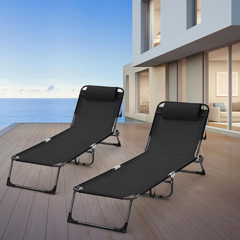 Photo 1 of Suzile 2 Pack Folding Chaise Lounge Chairs Outdoor Sun Tanning Chair for Outside Foldable Beach Chair with Pillow 5 Position Reclining Back Breathable Mesh Pool Chair for Beach Yard Lawn Patio(Black) 