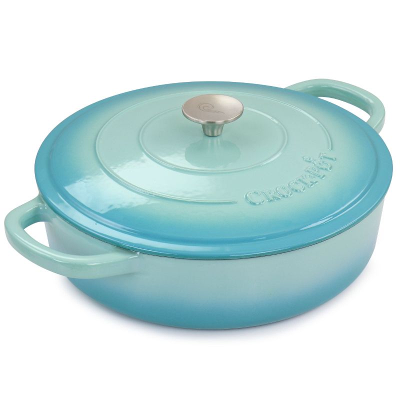 Photo 1 of Artisan 5 Qt. Gradient Aqua Blue Enameled Cast Iron Round Braiser Pan with Lid
