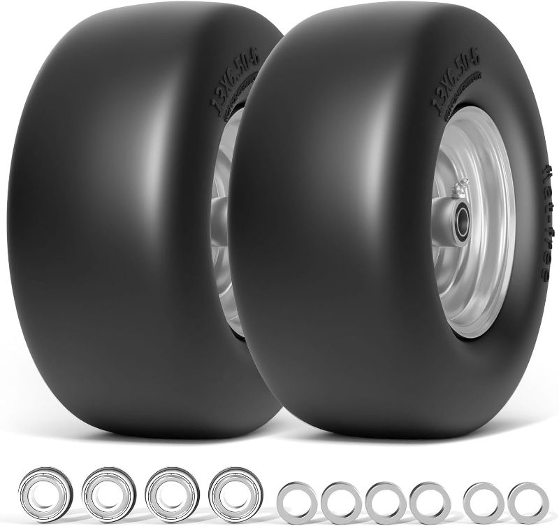 Photo 1 of 13x6.50-6 Flat Free Tires, Zero Turn Mower Assembly for Commercial Garden Lawns, Front Solid 13x6.50-6 Lawn Mower Tires with 3/4" & 1/2" & 5/8" Bearing, 5.5"-7.5" Center Hub, 2 Pack, Gray
