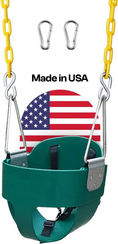 Photo 1 of Full Bucket Toddler Swing Seat with Plastic Coated Chains, USA Made Outdoor Bucket Swing for Playground & Backyard with 3 Point Safety Harness and Heavy Duty Carabiners for Easy Install
