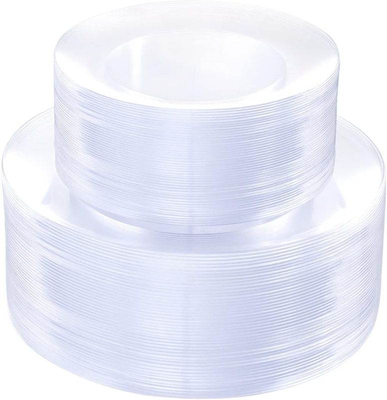 Photo 1 of 100Pieces Clear Plastic Plates - Premium Heavyweight Plastic Clear Plates Disposable for Wedding&Party Include 50 Clear Dinner Plates, 50 Clear Dessert/Salad Plates
