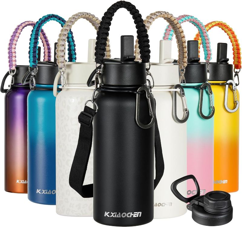 Photo 1 of 32 oz Insulated Water Bottle with Paracord Handles & Strap, 2 Lids(Straw Lid&Spout Lid), Stainless Steel Reusable Wide Mouth Metal Water Bottle With Straw, Double Walled(Black)
