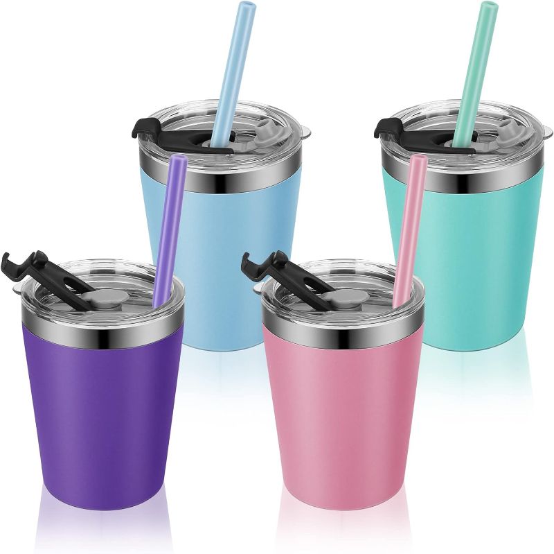 Photo 1 of Toddler Straw Cups, 8oz Stainless Steel Insulated Tumblers with Lids and Straws, Powder Coated Double Wall Vacuum Kids Drinking Sippy Cups for Baby Boys Girls, 4 Pack
