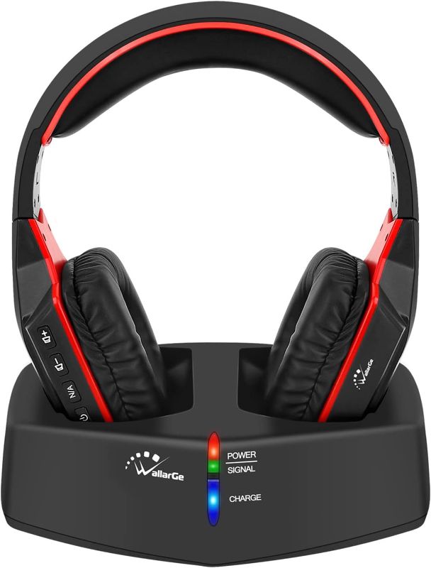 Photo 1 of WallarGe Wireless Headphones for TV Watching with 5.8GHz RF Transmitter Charging Dock, Plug and Play, 100 Ft Wireless Range, Rechargeable 20 Hour Battery (Black with Red)

