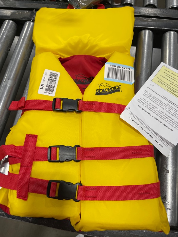 Photo 1 of Seachoice Type II Deluxe Adjustable Boat Vest w/Grab Handle, Bright Yellow and Red, Youth, 50-90 Lbs