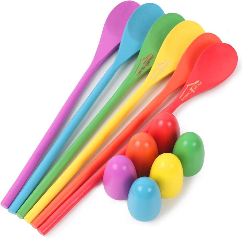 Photo 1 of LovesTown 12 Pcs Egg Spoon Race Game Sets, Wooden Balance Relay Games for Kids Easter Eggs Hunt Outdoor Lawn