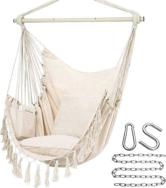 Photo 1 of Y- Stop Hammock Chair Hanging Rope Swing, Max 500 Lbs, 2 Cushions Included, Large Macrame Hanging Chair with Pocket for Superior Comfort, with Hardware Kit (Beige)
