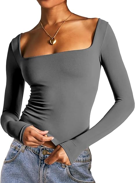 Photo 1 of Women's Square Neck Long Sleeve Basic T-Shirts Slim Fit Going Out Cropped Tee Tops Y2k Streetwear size S
