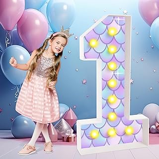 Photo 1 of Laumoi 3FT Marquee Number Lights Sign Giant Mermaid Light Up Numbers Large DIY Mosaic Number Frame for Birthday Anniversaries Graduation Mermaid Party Wedding Baby Shower Decorations (Number 1)