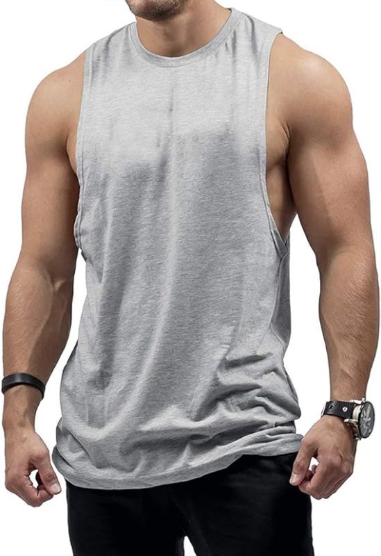 Photo 1 of Men's Workout Tank Tops Cotton Gym Cut off Sleeveless T Shirt Bodybuilding Fitness Muscle Athletic Tank Tops size 2XL