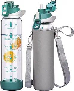 Photo 1 of 32 oz Sports Glass Water Bottle with Straw and Time Marker, Large Reusable Motivational Glass Drinking Bottle for Infused Water, Fruit, Smoothie, Coffee