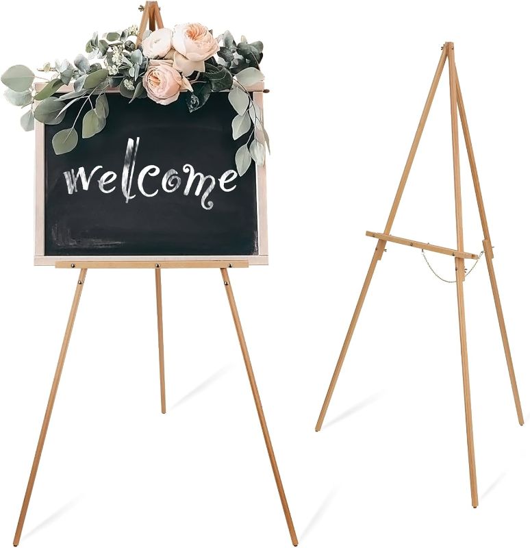Photo 1 of  Wooden Easel Stand for Wedding Sign Poster Picture 63'' Beech Wood Display Easel for Floor Adjustable Painting Easel for Canvas 