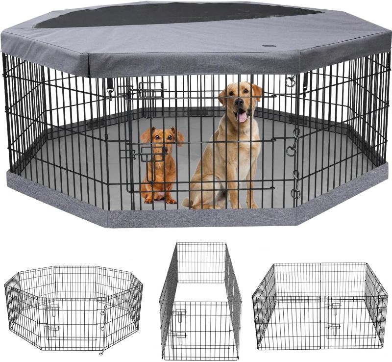 Photo 1 of PETIME Foldable Metal Dog Exercise Pen/Pet Puppy Playpen Kennels Yard Fence Indoor/Outdoor 8 Panel 24" W with Top Cover and Bottom Pad (Playpen+Bottom+Top Cover, 8 Panels 30" H) 